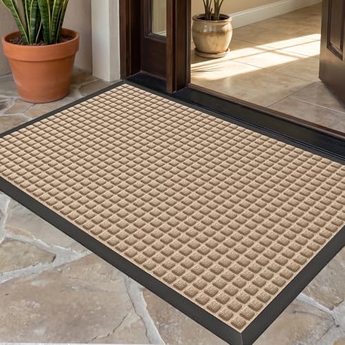 Front Door Mat Outside Entrance, Heavy Duty Waterproof Doormat | 35.5"x24" Indoor/Outdoor Dirt Trapper with Non-Slip Rubber Backing, Low Profile Easy Clean, Stain & Fade Resistant Beige - color: Beige, size: 2' x 2'11" (Rectangular)