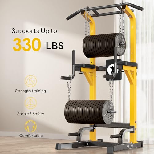 SogesPower Multi-Function Power Tower Pull Up Bar Station Pull Up Dip Station for Home Gym, 10-Level Adjustable Height Pull Up Bar Stand Dip Bar Strength Training Workout Equipment - color: Yellow