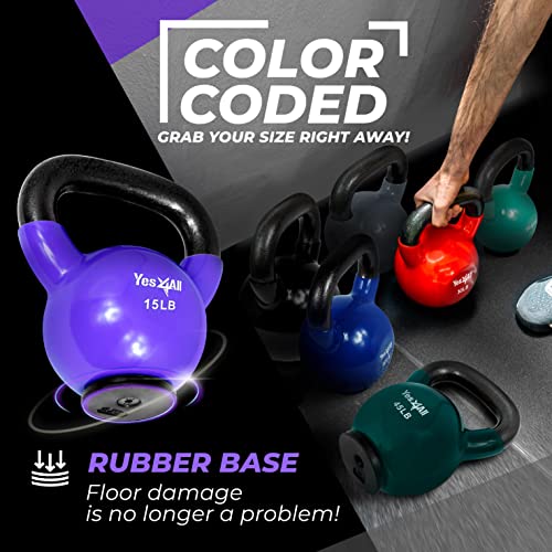Yes4All Kettlebells Rubber Base, Kettlebell Set for Women, Strength Training Kettlebells Weights (10-65 lbs) - color: D. 15LB - Violet