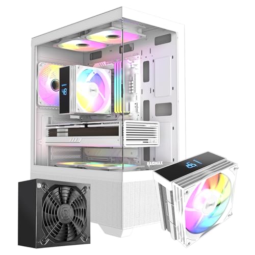 Raidmax i802 Vibe Series ATX Mid Tower Gaming Case Bundle – Tempered Glass Side Panel, Includes 700W 80+ Power Supply, AM1204 Digital Display Air Cooler, and 5 Pre-Installed FRGB Fans (White) - color: White