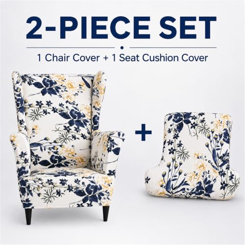 NILUOH Wingback Chair Slipcover, 2-Piece Stretch Wing Chair Cover, Washable Soft Fit Slipcover for Wingback Armchairs, Non-Slip Furniture Protector for Living Room, Flower Field - color: 12
