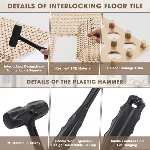 Drydiet 8 Pack Drainage Tiles Modular Interlocking Floor Tiles with 1 Pc Plastic Hammer 12" x 12" Cushion Mat Non Slip Rubber Floor mat with Holes for Pool Bathroom Deck Kitchen Patio (Beige) - color: Beige