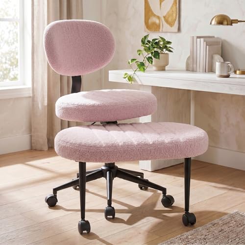 Cross Legged Office Chair with Wheels, 360 Swivel Height-Adjustable Meditation Chair with Lumbar Support, Pink - color: Pink, size: Oval Back