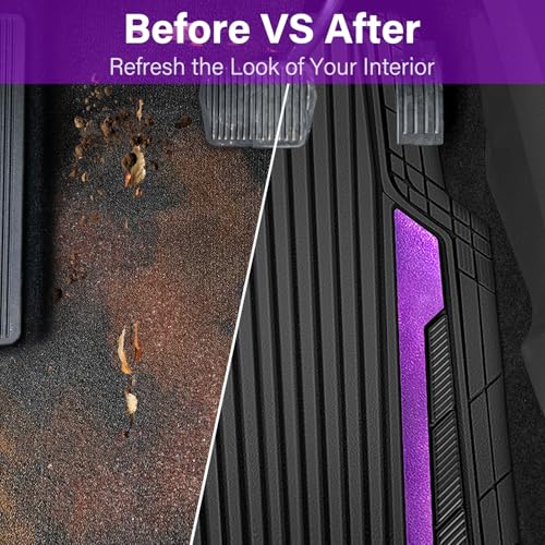 CAR PASS Heavy Duty Rubber Car Mats Metallic,Aluminum Film All Weather Floor Mats Waterproof Universal Trim to Fit SUVs Sedans Vans 4 Piece Anodized Deep Dish Two-Tone Sporty Black Purple Chrome - color: BLack Purple