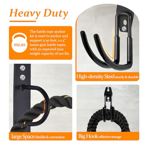Heavy Duty Battle Rope Anchor Kit Wall Mount | Wall Anchor & Storage Hook for 30-50FT 1-2.5 Inch Battle Ropes, Multi-Functional Wall Bracket for Home Commercial Gym Garage - size: Small