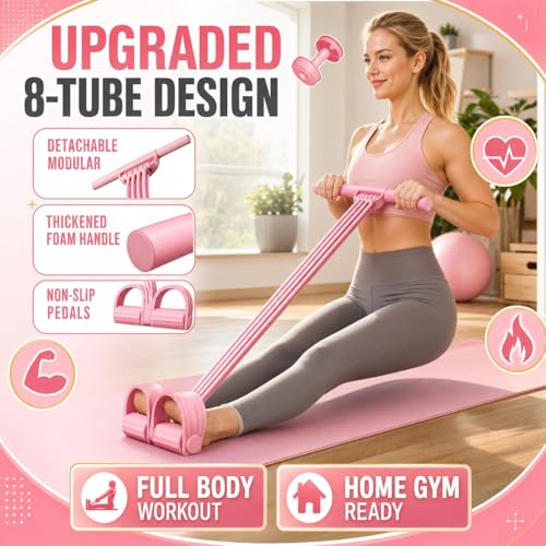 Pedal Resistance Band with Handle Upgraded 8-Tube Resistance Bands with Handles Set, 3-in-1 Multifunctional Chest Expander, Back Puller and Stretching Rope,Detachable Pedal Exerciser for Home - color: Pink
