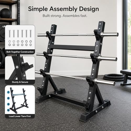 Barbell Storage Rack for Home Gym, 4-Tier EZ Curl Bar Stand with Steel Frame, Workout Bar Holder Organizer for Garage Gym Fitness Room Equipment