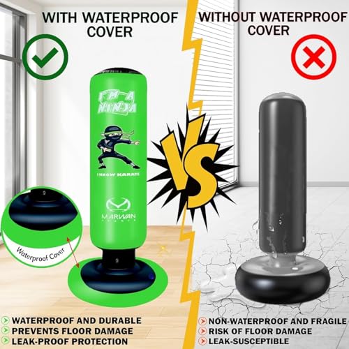Marwan Sports Ninja Kids Punching Bag — Inflatable Sensory Toy & Birthday Gift for Boys & Girls Ages 4-12, 63" Freestanding 5-in-1 Kit, Indoor Apartment-Quiet Sensory-Friendly Active Play - color: Green