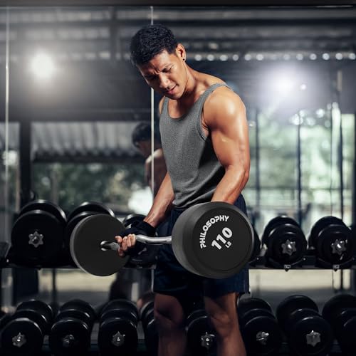 Philosophy Gym Rubber Fixed Barbell, Pre-Loaded Weight EZ Curl Bar for Strength Training & Weightlifting - style: 110 LB