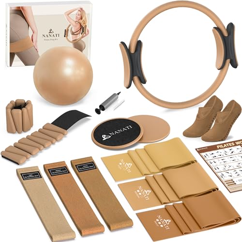 NANATI Pilates Kit, Home Pilates Workout Kit for Women, Pilates Equipment with 14.5" Pilates Ring and Ball, Resistance Bands, Ankle Weights, Sliders & Grip Socks for Home Workouts - color: Mocha