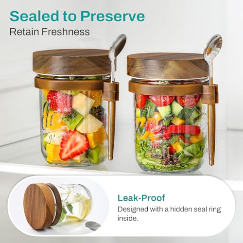 4 Pack Overnight Oats Containers with Wooden Lids and Spoons, 16oz Glass Mason Overnight Oats Jars with Lids, Large Capacity Airtight Jars for Milk, Cereal, Fruit
