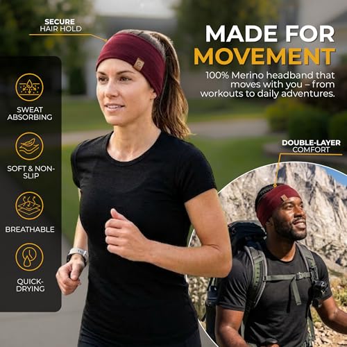 menique 100% Merino Wool Headband for Women Non Slip Stretchy Workout Sweatband Moisture Wicking Breathable Wide Hairband for Running Hiking Sport Gym Yoga Nurse Fashion (Black, One Size) - color: Red