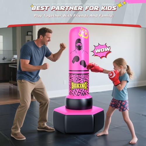 ODOSOLA 67'' Inflatable Punching Bag Freestanding for Kids Aged 3-12 – Heavy Duty Boxing Set for Karate & Taekwondo, Stable Boxing Bag Active Kids Toy, Christmas Birthday Gift for Boys and Girls - color: Pink