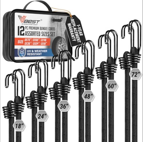 Bungee Cords with Hooks 12Pcs Set - Heavy Duty Outdoor Assorted Sizes | Black Rubber Bungy Set Short to Extra Long Sizes - Strong Bungie Straps - UV & Weather Resistant 200lb Strength - size: 12 Pcs Assorted Sizes