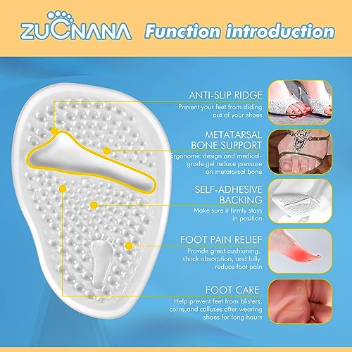 ZUCNANA Metatarsal Pads for Women - Soft Gel High Heel Insoles, 4 Pairs, Non-Slip Design, Instant Foot Pain Relief, Self-Sticking Back, Fits All Feet Sizes - color: Transparent