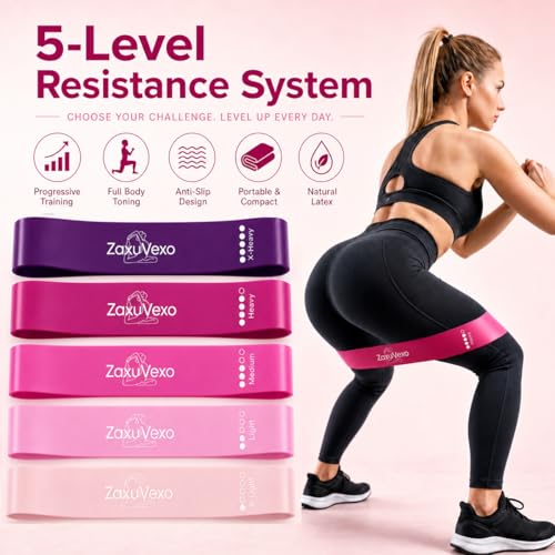 5-Pack Workout Resistance Bands: Elastic for Strength, Stretching, Pilates & Yoga. Home Gym Equipment for Men/Women, Suits Physical Therapy, Leg/glute/arm Training—Practical, Multi-use. - color: pink
