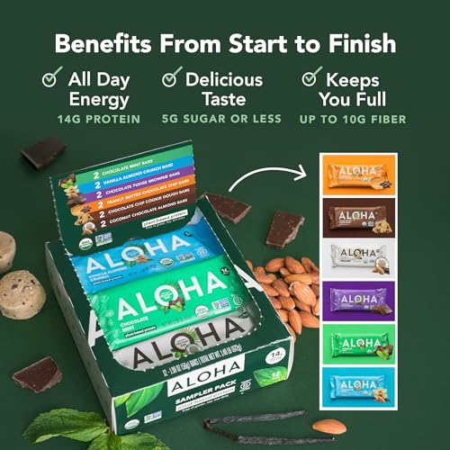 ALOHA Organic Plant Based Protein Bars - 6 Flavor Variety Pack - 12 Count, 1.9oz Bars - Vegan Snacks, Low Sugar, Gluten-Free, Low Carb, Paleo, Non-GMO, Stevia-Free, No Sugar Alcohol Sweeteners - size: 12 Count (Pack of 1)