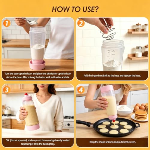 Pancake Batter Dispenser Bottle Kit with 7 Accessories, 1000ml Silicone Squeeze Pancake Mixer Bottle with Whisk Ball and Stand Base, Pancake Shaker Bottles for Cupcakes Muffins Waffle (2pack) Pink - color: Pink