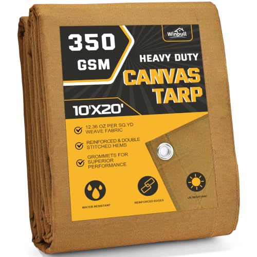 Winpull Heavy Duty Canvas Tarp 10x20 ft, 12oz (350 GSM) Cotton Canvas Water-Resistant Tarp with Rustproof Grommets, Tear-Resistant Outdoor Cover for Wood Piles, Camping, Trailer & Equipment - color: Tan, size: 10'x20'