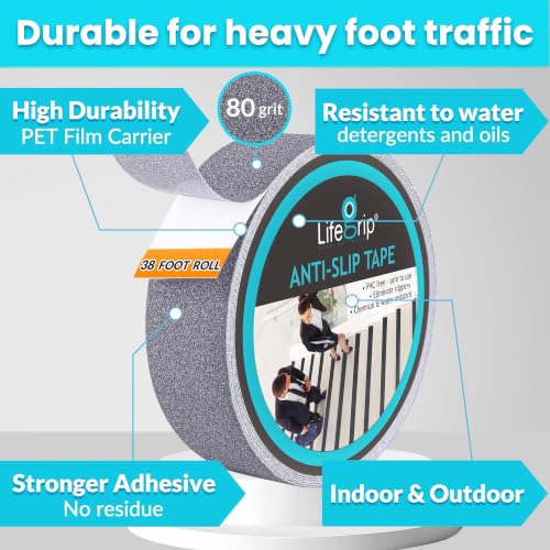 LifeGrip Anti Slip Tape 2" x38' Waterproof Grip Tape for Stairs, Grey | Friction, Abrasive Adhesive Tread Steps, Outdoor Heavy-Duty Grit Grips Wood, Concrete, Metal, Safe for Ramps & Ladders - color: Grey, size: 2" X 38'