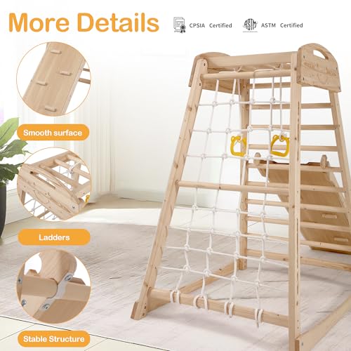 Indoor Jungle Gym, Wooden Indoor Playground, (7 in 1) Toddler Climbing Toys, Gym with Slide, Climbing Net, Swing, Gymnastics Ring