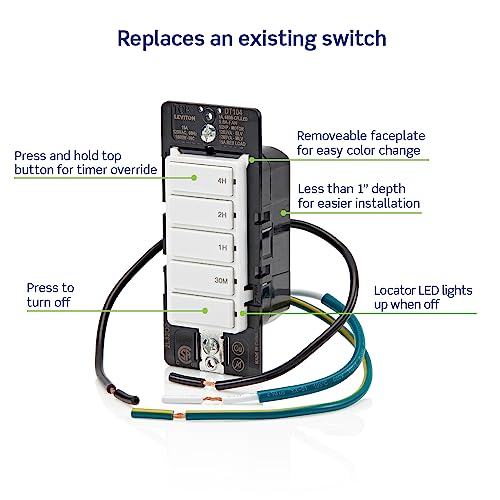 Leviton Countdown Timer Switch for household lights, heaters and exhaust fans, 30 min, 1-2-4 hour, No Neutral Wire Required, Single Pole, 15A, 1/2 HP/9.8A Fan/Motor, DT104-1LW, White - style: 1-2-4 hour, No Neutral Required