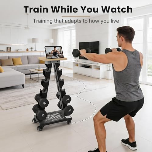 Vertical Dumbbell Rack, 5-Tier Weight Rack, Wheels, 300LBS Capacity | A-Frame Design, Solid Steel Construction, Training Platform, Bottom Tray, Home Gym Organizer, Rack Only