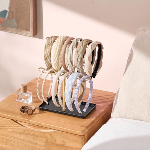 Headband Holder Organizer, 2-Tier T-bar Storage Stand with Tray for Hair Accessories Hairband Hair Clip, for Girls Women, Gold & Black - color: Black-gold