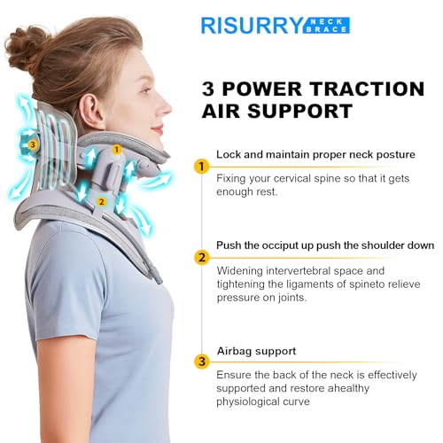Cervical Neck Traction Device Fast Air Pump Neck Brace, Adjustable Inflatable Neck Stretcher with 3 Power Tractions Pain Relief Neck Decompression Tension Relief - color: Grey Fast Air Pump