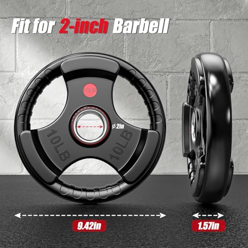 Gikpal Olympic Weight Plates, 2-Inch Three-Grip Rubber Coated Barbell Plates with Steel Hub, Cast Iron Weights for Strength Training & Home Gym, Pair or Sets (2.5–45LB) - style: 2 X 10LBS