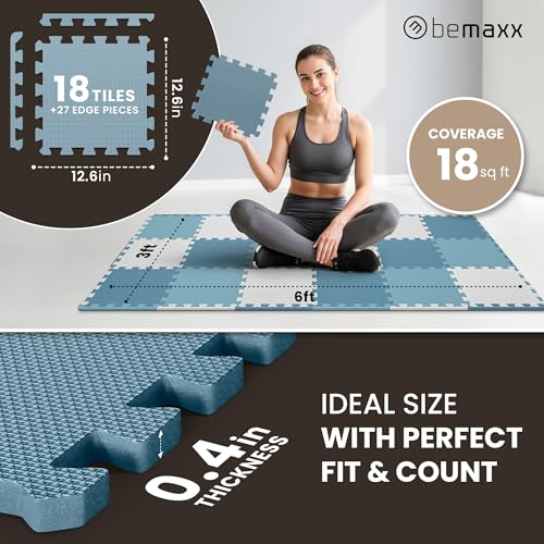 bemaxx Gym Mats Set - 18 pcs EVA Interlocking Foam Floor Tiles (12.6"x12.6"x0.4") 18sqft Protective Gym Flooring Sports Home Workout Exercise Mats Puzzle Garage Fitness Play-Room Pool Treadmill Bike - color: Cool Blue Trio, size: 18 Tiles | 18 sq ft