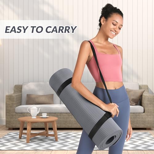 Signature Fitness Extra Thick High-Density Foam Yoga Mat – Multiple Thicknesses (1/2" & 1") / Multiple Colors – Double-Sided Non-Slip Surface – with Carrying Strap for Pilates, Yoga & Home Workouts - color: Graphite-1/2"thick