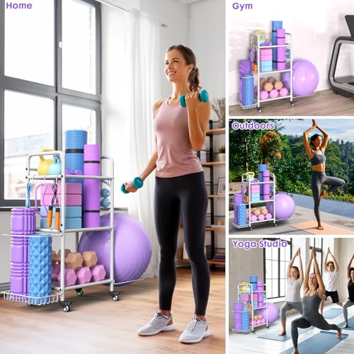 Home Gym Storage Rack Exercise Equipment Storage Organizer for Yoga Mat Dumbbells Kettlebells Foam Roller Yoga Strap & Resistance Bands, Ideal Yoga Mat Holder & Workout Equipment Organizer (White, Small) - color: White