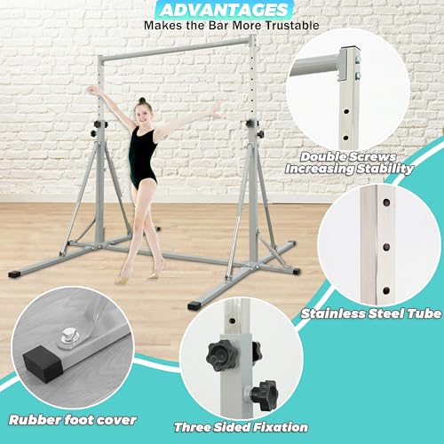 FC FUNCHEER Foldable Gymnastics Bar,5FT Horizontal bar,Adjustable Kids Training bar for Kids Ages 3-15,Kids Gymnastics bar,Triangle Stable Structure-Gym Equipment for Home - color: Grey, style: Bar-Swing-Rings