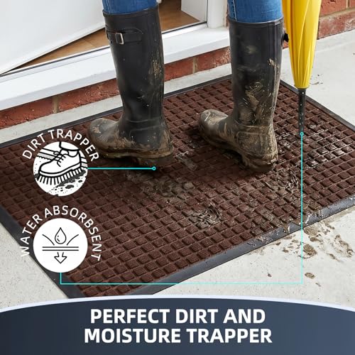 Front Door Mat Outside Entrance, Heavy Duty Waterproof Doormat | 31.5"x20" Indoor/Outdoor Dirt Trapper with Non-Slip Rubber Backing, Low Profile Easy Clean, Stain & Fade Resistant Brown - color: Brown, size: 1'8" x 2'8" (Rectangular)