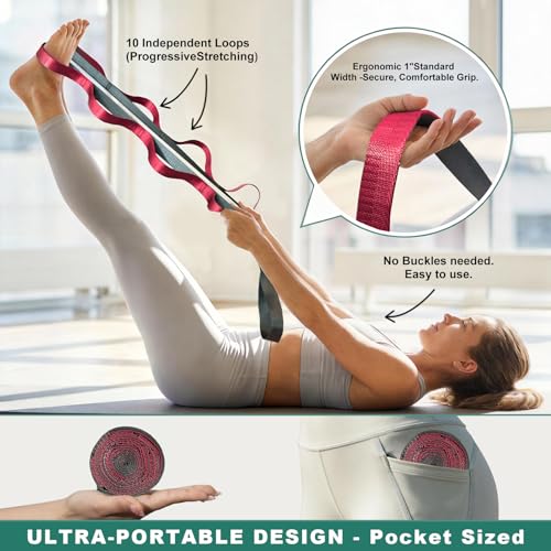 Acozycoo Stretching Strap with Loops,Non-Elastic Yoga Strap for Physical Therapy,Knee Replacement Recovery & Plantar Fasciitis,Leg Stretcher Band for Flexibility & Hamstring Rehab - color: Red