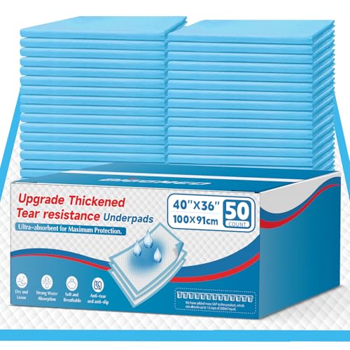 BIGGMED Tear-Resistant Incontinence Bed Pads 40'' x 36'' (50 Count ) with 130 Gram Heavy Duty Disposable Underpads Chucks Pads for Adults, Kids & Elderly | Protection Pads for Bed, Sofa, and Chair - size: 40"x36"- 50 Count (Tear-resistant)