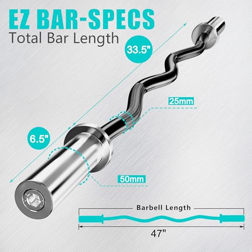 Olympic EZ Curl Barbell Bar, 47" Curl Bar for Weight Lifting,Chrome Curling Bar for 2 Inch Weight Plates，Biceps, triceps, Back/Leg Muscle Group Exercise,Training Bar for Home Gym - color: Black