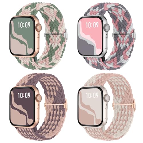4 Pack Braided Stretchy Bands Compatible with Apple Watch 40mm 41mm 38mm 42mm 44mm 45mm 46mm 49mm Women Men, Breathable Nylon Elastic Daily Use Straps for iWatch Series 11/10 9 8 7 6 5 4 3 SE/Ultra 2 - color: Cactus/GreyPink/Pink-SmokeViolet/Pink-Starligh