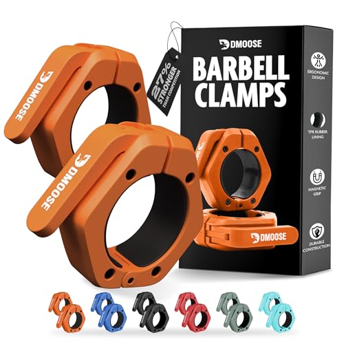 DMoose Fitness Barbell Clips 2 Inch (Pair) - Quick Release Olympic Barbell Clamps & Collars with Anti Slip TPR Grip for Secure Weightlifting and Powerlifting - Weight Clips for Bars at Home or Gym - color: Orange, style: Non Magnetic