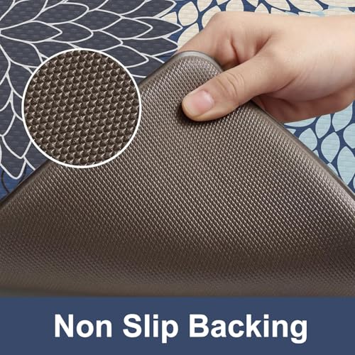 KIMODE Anti Fatigue Kitchen Mat 17.3"x29", Padded Dahlia Kitchen Floor Mats Non Slip, Waterproof Kitchen Mat for Floor, Farmhouse Comfort Standing Mat for Laundry, Office, Sink, Desk Mutil-Blue - color: Multi-blue, size: 29"L x 17.3"W x 0.5"Th