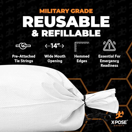 Xpose Safety Heavy Duty Sand Bags with Tie Strings – Empty Woven Polypropylene Sandbags for Hurricane Flood Protection, 100 lb Capacity, 14" x 26", White, Pack of 25 - color: White, size: 25 Sandbags