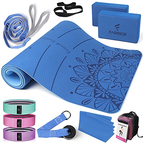 1/3 Yoga Mat Thick, Yoga Set for Beginners Include High Density Mat with Multi-loops Strap, Blocks, Booty Resistance Band Set, Door Anchor, Carring Bag & Strap - color: LIGHT BLUE