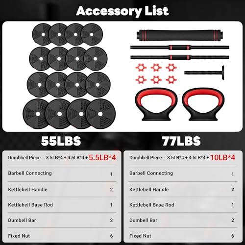 Adjustable Dumbbells, GOIMU 32/54/76/94LBS Free Weight Set, 4 in 1 Dumbbell Set Used as Barbell, Kettlebell, Push Up Stand, Fitness Exercise for Home Gym Suitable Men/Women - style: 76LB(38LB Pair)