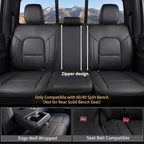 Umbrauto Car Seat Covers for Dodge RAM, Premium Nappa Waterproof Leather Seat Cushion Fits 2009-2026 RAM 1500/2500/3500 Crew Quad Mega Cab with Curved Bench,Full Set, Black - size: Full Set(Concave Front+Curved Rear)