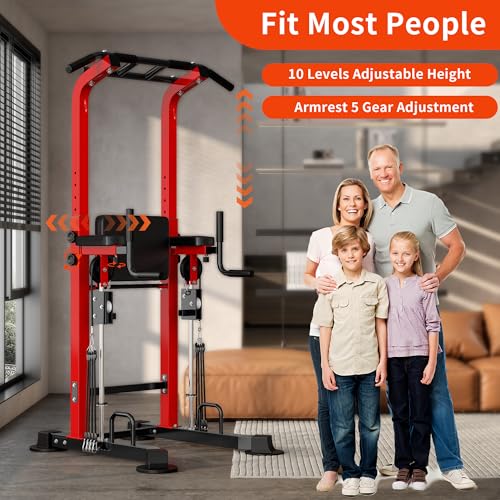 SogesHome Power Tower Pull Up Bar Station Height Adjustable Assistive Rack | Multi-Function Strength Training Equipment Full Body Workout Machine, Freestanding Push Up Dip Stand for Home Gym Exercise - color: Red