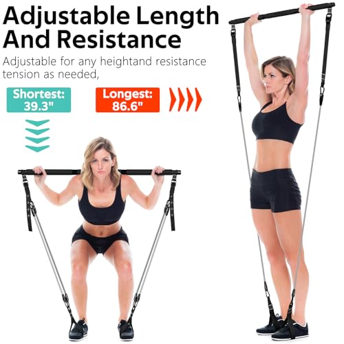 Pilates Bar Kit with 6 Latex Resistance Bands, Adjustable Exercise Bar - color: Black Pro