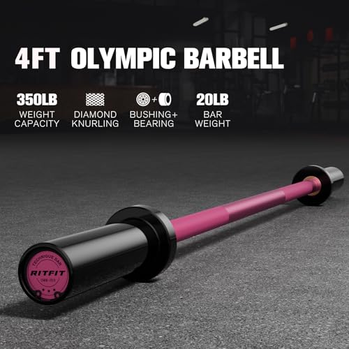 RITFIT Olympic Barbell 4ft/6ft - 2 Inch Weight Bar for Strength Training, Weightlifting, Squat, Deadlift, Bench Press, Curl, Overhead Press - 350lbs/500lbs Capacity - color: Black/Pink, size: 4FT without Collar