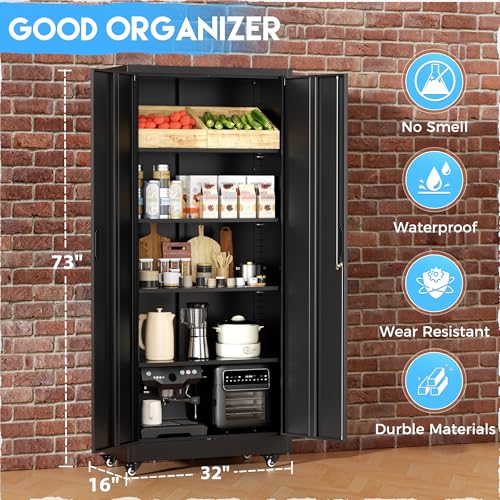 Greenvelly Metal Garage Storage Cabinet with 4 Swivel Wheels, 73" Black Storage Cabinet on Wheels, Rolling Tool Cabinet with Locking Doors and Shelves for Garage, Basement, Home, Warehouse - color: Black, size: 73 Inch
