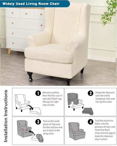 CRFATOP 2 Piece Stretch Wingback Chair Cover Jacquard Wing Chair Slipcovers Spandex Fabric Wingback Armchair Covers with Elastic Bottom for Living Room Bedroom Wingback Chair,Beige - color: Color C27-beige